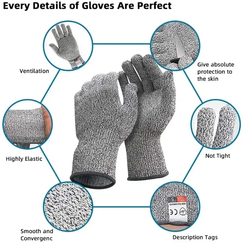 1/2pairs Grade 5 Cut Resistant Gloves Kitchen HPPE Scratch Resistant Glass Cutting  for Gardeners Work Gloves