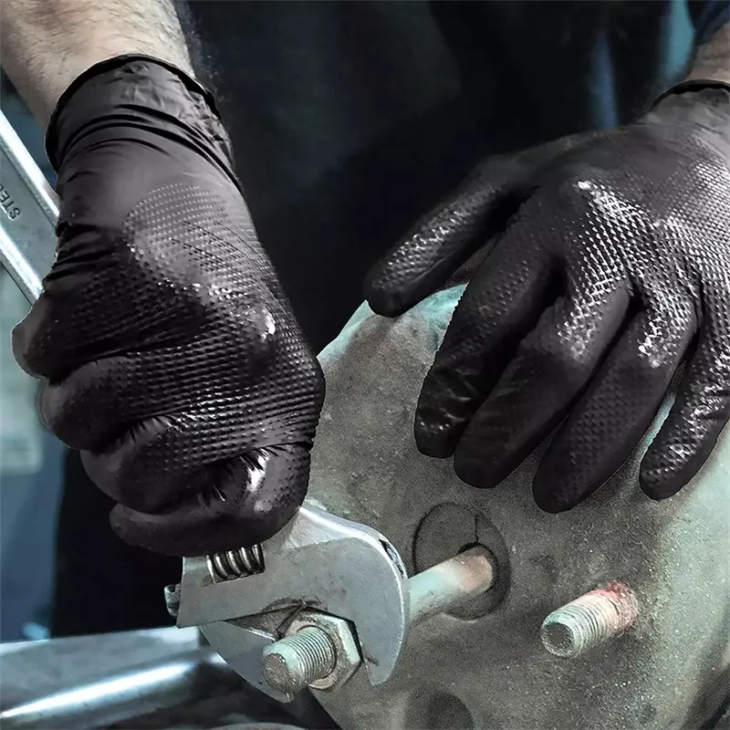 Black Nitrile Gloves Disposable 8-mil Latex Free Mechanic Gloves for Men Heavy Duty Diamond Textured Industrial Mechanic Gloves