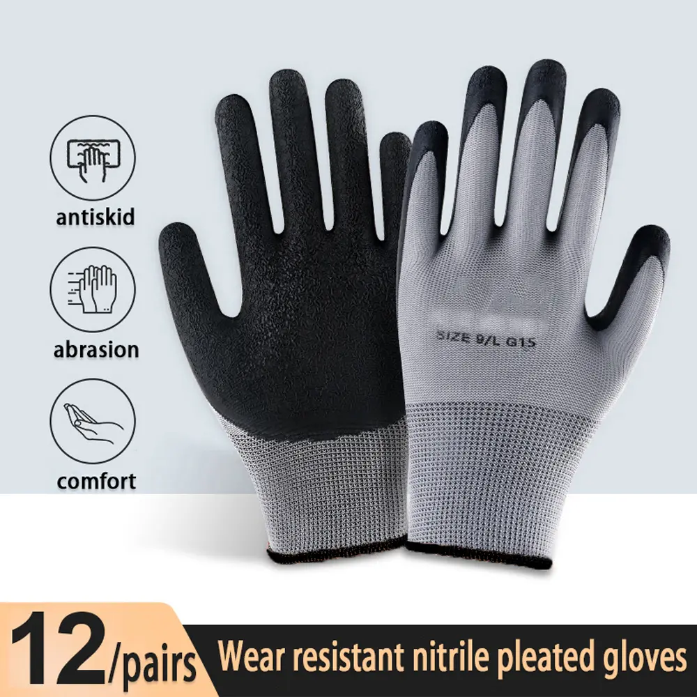 6/12/24/48 pairs of work gloves with durable wrinkled latex coating, suitable for construction, warehouse handling, gardening