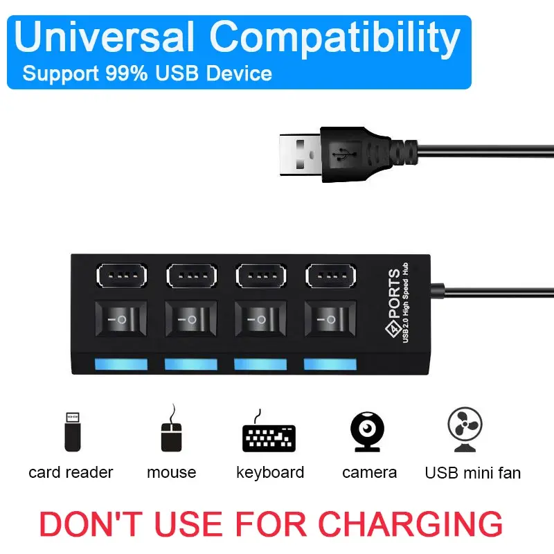 Multi USB Splitter with LED Light Switch for PC Laptops, Hi-Speed 4/7 Port USB HUB 2.0 Adapter Extender Reads Stable Data
