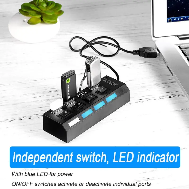 Multi USB Splitter with LED Light Switch for PC Laptops, Hi-Speed 4/7 Port USB HUB 2.0 Adapter Extender Reads Stable Data