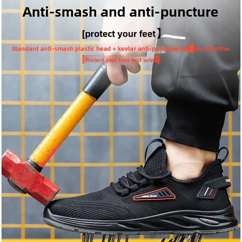 Fly Woven Breathable Labor Protection Shoes for Men, Anti Smashing and Anti Piercing Steel Head, Lightweight and Wear-resistant