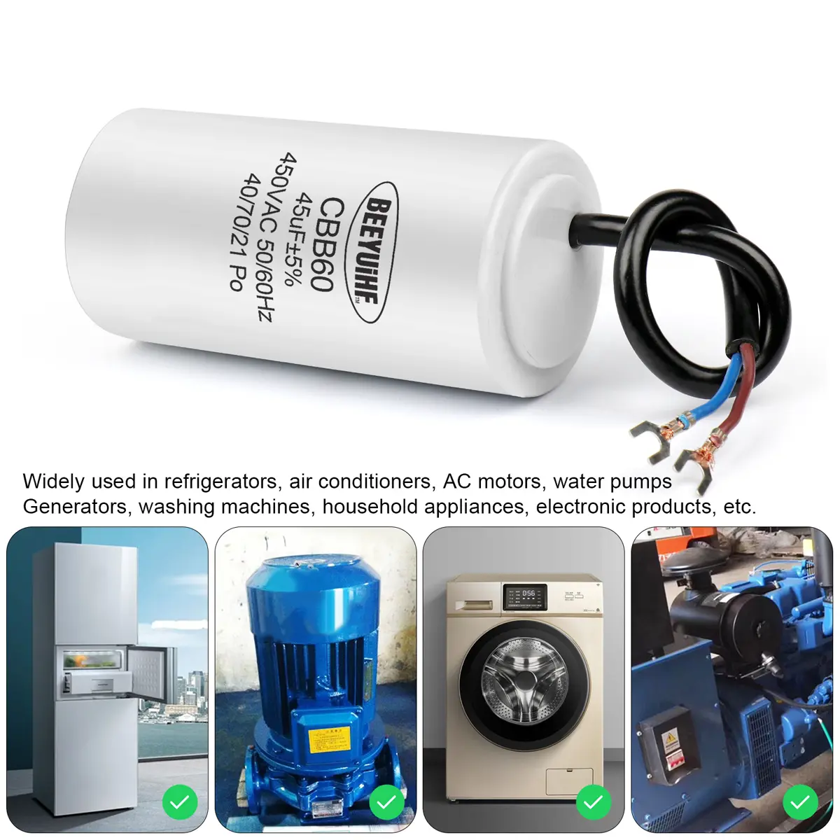 1Pcs CBB60 Motor Run Capacitor 450V 4UF 5UF 6UF 8UF 10UF 12UF 14UF 16UF 20UF 100UF Start Water Pump Washer Air Pump with Screws