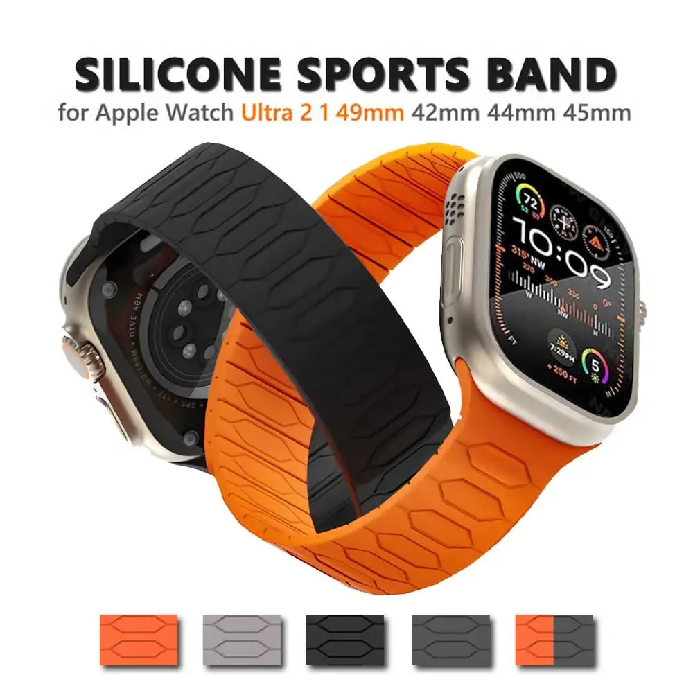 Magnetic Silicone Strap For Apple Watch Ultra 2 Band 49mm 45mm Rubber Band For iWatch Series 9 8 7 6 4 5 4 se 44mm 42mm Bracelet