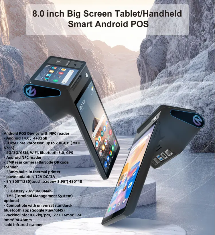 NEW Android 14.0 Dual Screen 8 Inch 3GB+16gb/32gb Handheld Pos Systems 58mm Printer Z108 Nfc Cash Register Epos Machine Terminal