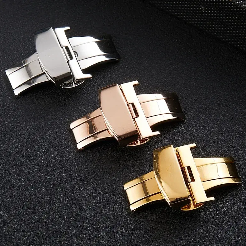 Universal 14mm 16mm 18 20mm 22mm Butterfly Buckle Accessories Stainless Steel Double Push Button Fold Watchband Replacement