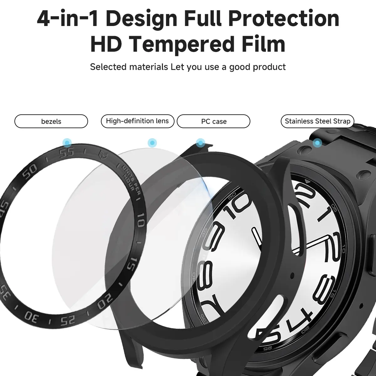 4-in-1 Mod Kit Metal Bezel for Samsung Galaxy Watch 6 Classic 47mm 43mm Stainless Steel Band Frame Case Glass Film