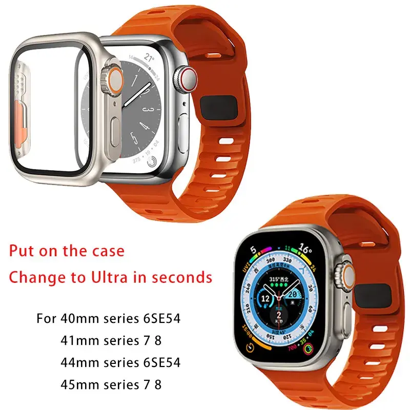 Case+Strap For Apple Watch Band 45mm 44mm 41mm 42 40mm Smart Silicone Bracelet Iwatch Series 3 4 5 6 Se 7 8 Change To Ultra Case