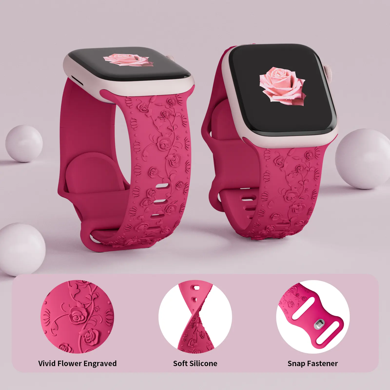 Rose Engraved Silicone Strap for Apple Watch Ultra 49mm 45 40 41mm Sport Strap Bracelet for iWatch Series 8 7 9 6 5 43 Wristband