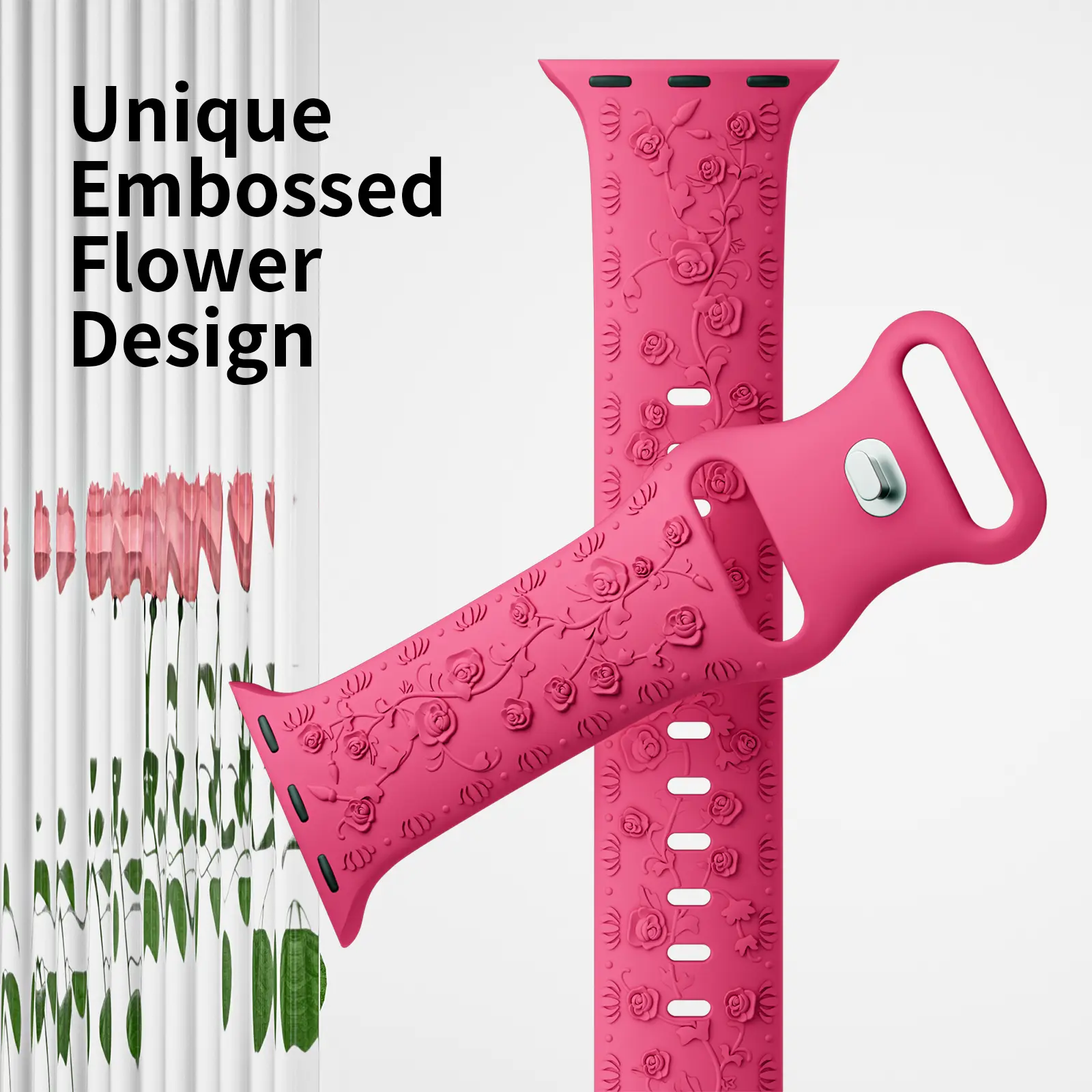Rose Engraved Silicone Strap for Apple Watch Ultra 49mm 45 40 41mm Sport Strap Bracelet for iWatch Series 8 7 9 6 5 43 Wristband