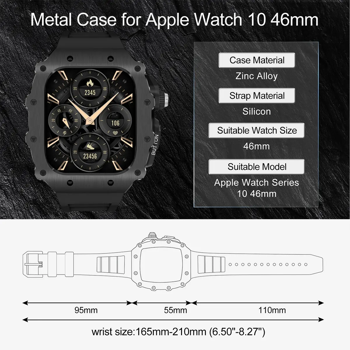Luxury Modification Kit for Apple Watch 10 46mm Silicone Strap Stainless Steel Watch Case for IWatch Series 9 8 7 6 5 44mm 45mm
