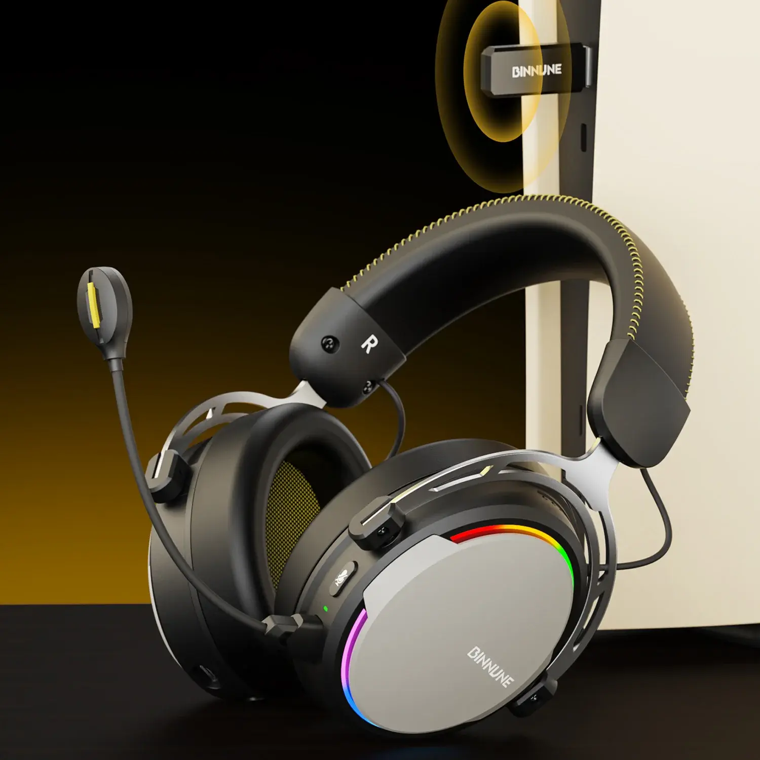 BINNUNE RGB Gaming Wireless Headphone with Mic Over-Ear Headphones Bluetooth 5.3 40mm Driver 2.4G/Wireless/Cable RGB Headsets