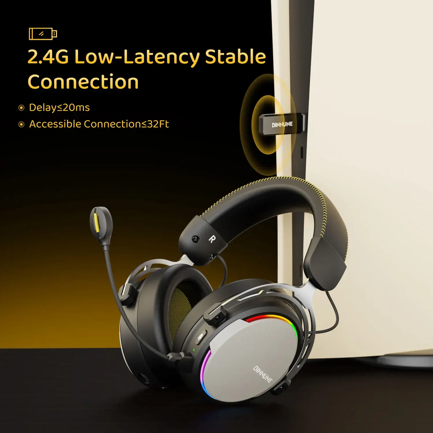 BINNUNE RGB Gaming Wireless Headphone with Mic Over-Ear Headphones Bluetooth 5.3 40mm Driver 2.4G/Wireless/Cable RGB Headsets