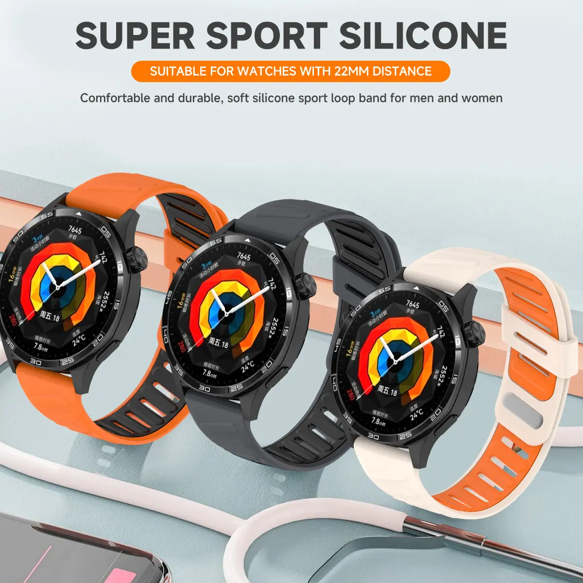 22mm Two-Tones Silicone Strap For Huawei Watch GT 5 4 3 SE 46mm/Runner Band For Huawei Watch 4 3 Pro Ultimate Bracelet Watchband