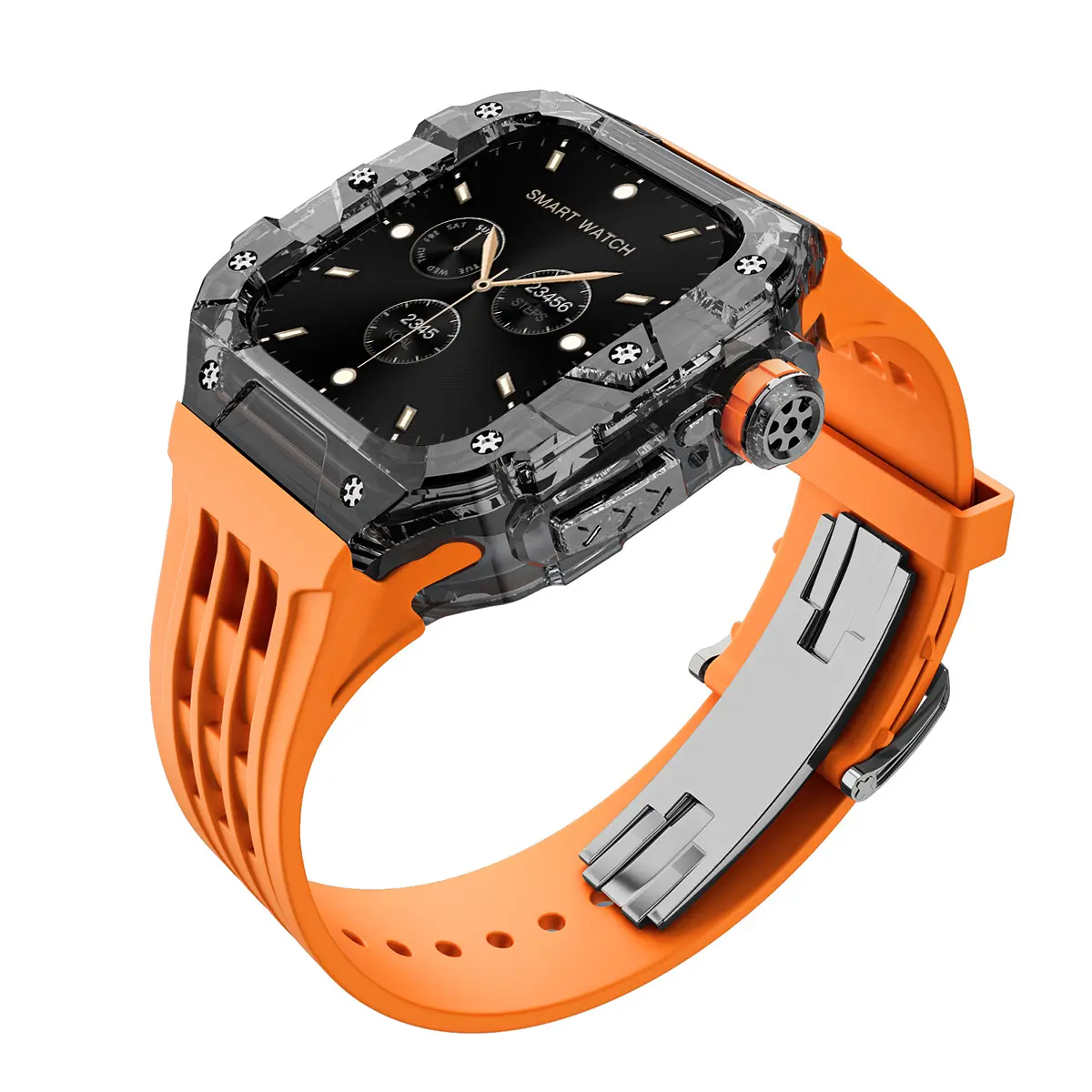 Luxury Transparent Case Modification Kit for Apple Watch Series 10 46mm Fluororubber for Series10 Metal Butterfly Buckle Strap