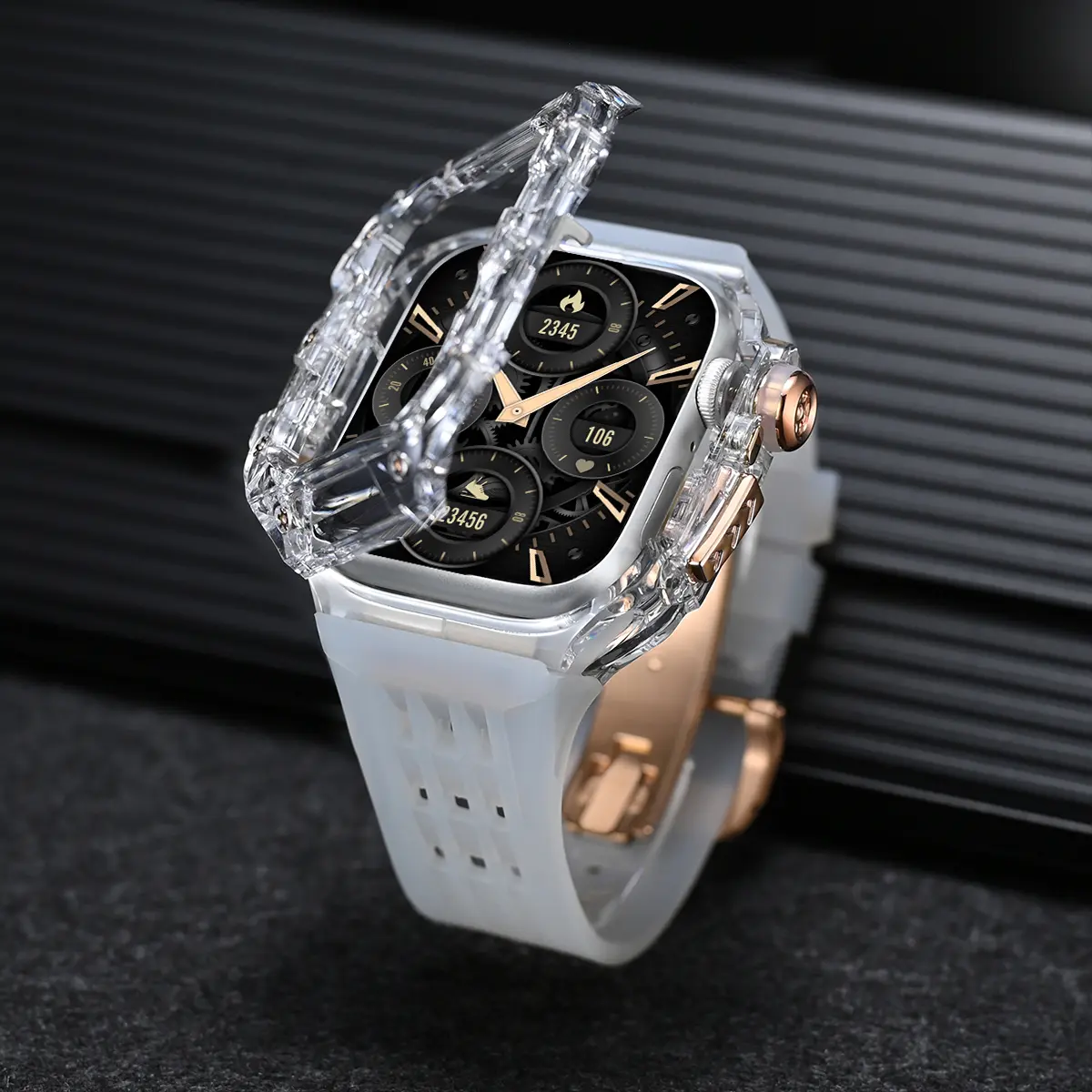 Luxury Transparent Case Modification Kit for Apple Watch Series 10 46mm Fluororubber for Series10 Metal Butterfly Buckle Strap