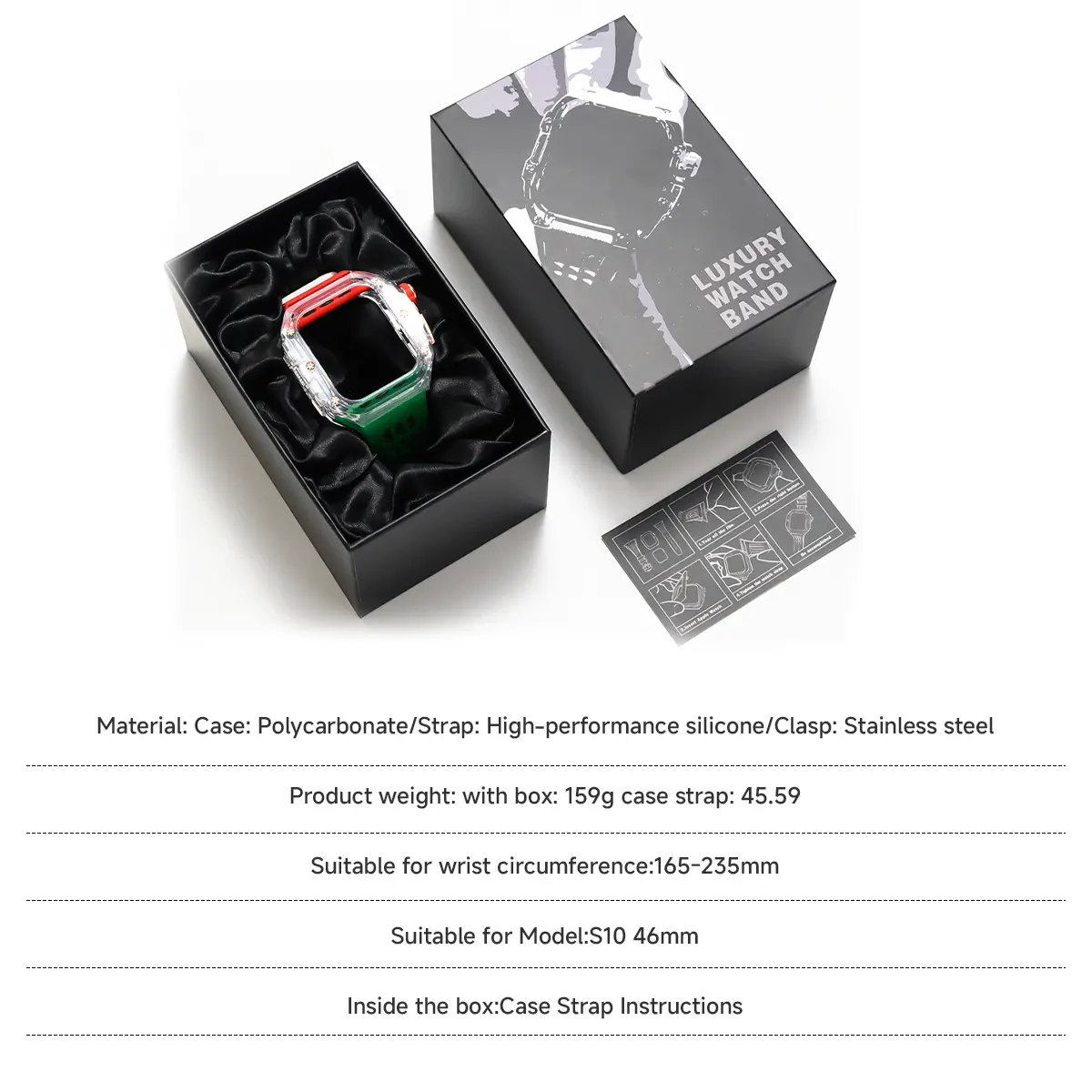 Luxury Transparent Case Modification Kit for Apple Watch Series 10 46mm Fluororubber for Series10 Metal Butterfly Buckle Strap