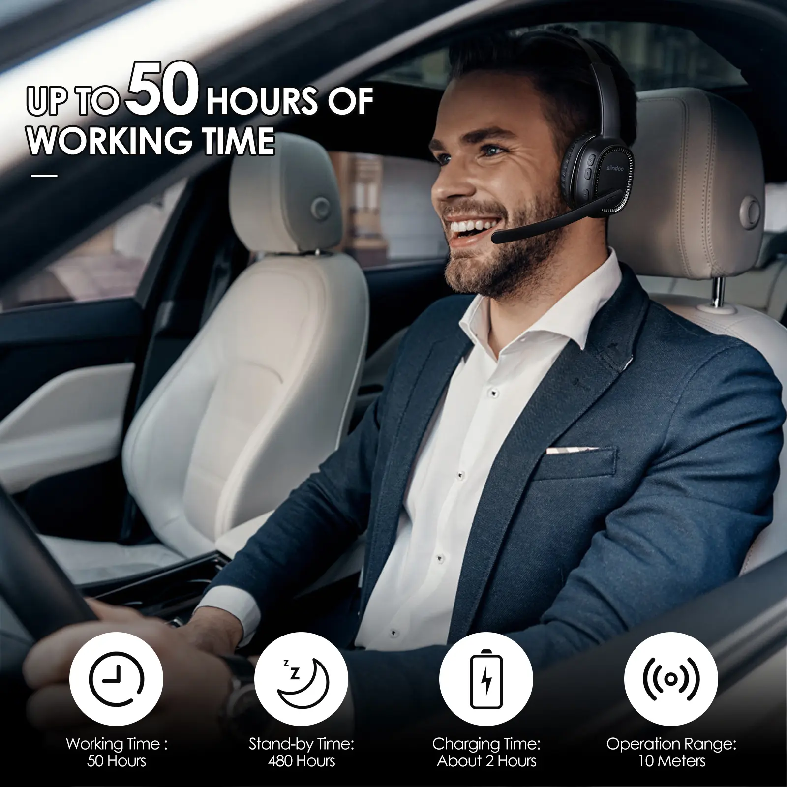 Siindoo Wireless Call Center Headset JH-101 With Mic Noise Canceling Headphones with 50H Talking Time For Home Office, Video