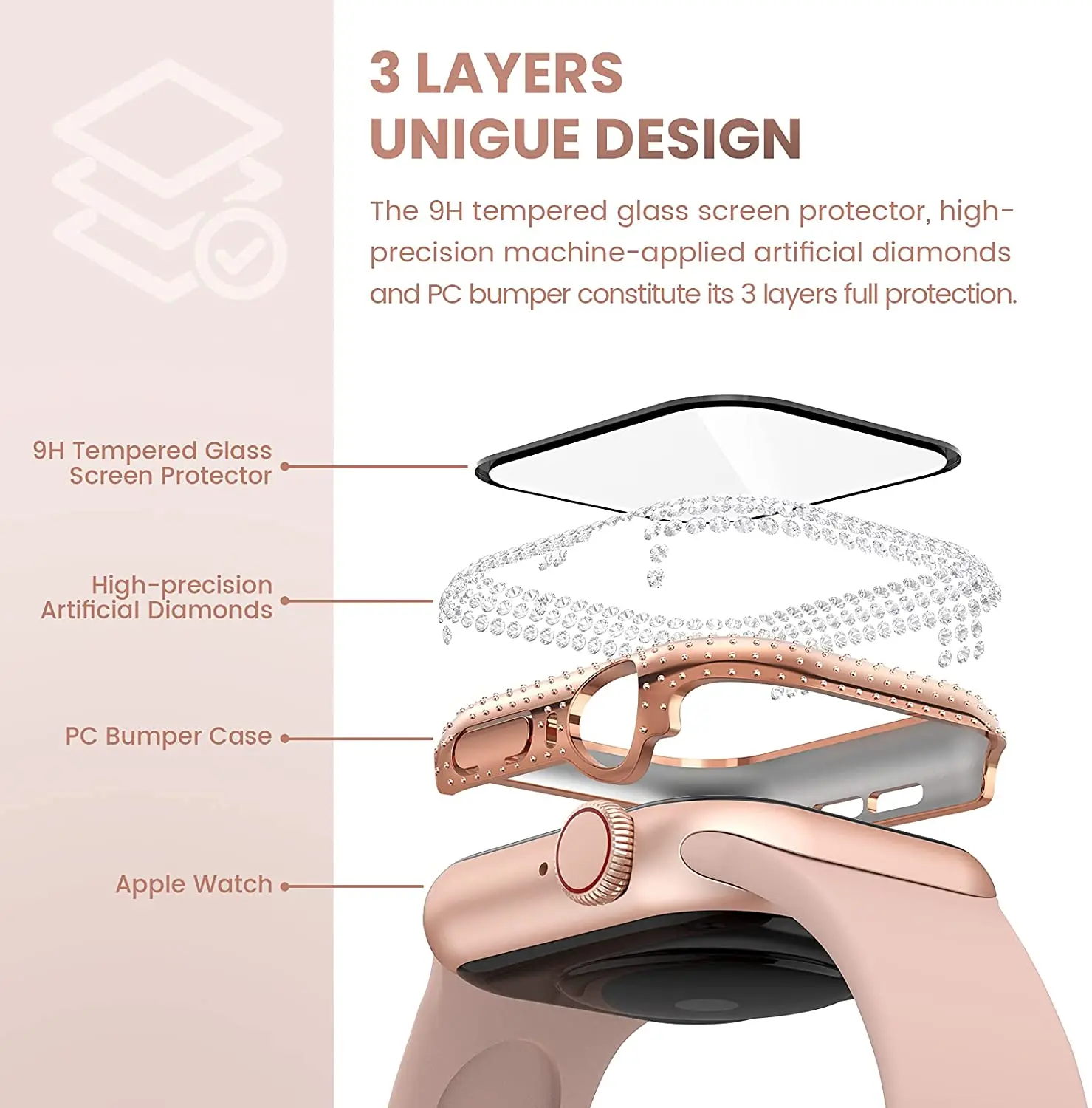 Diamond Watch Case Built-in Tempered Glass for Apple Watch 9 41mm 45mm 38mm 40mm 42mm 44mm iWatch Series 8 7 6 SE 5 4 3 Cover