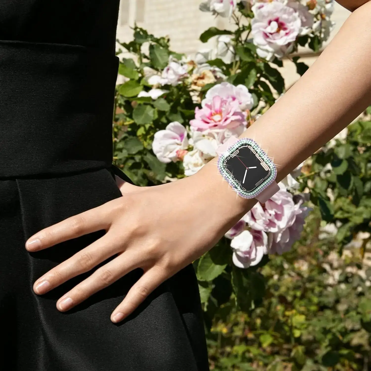 1pc Rhinestone Decor Tempered Glass Screen Protector Watch Case For Apple Watch 38/40/41/42/44/45Mm,Series SE/9/8/7/6/5/4/3/2/1