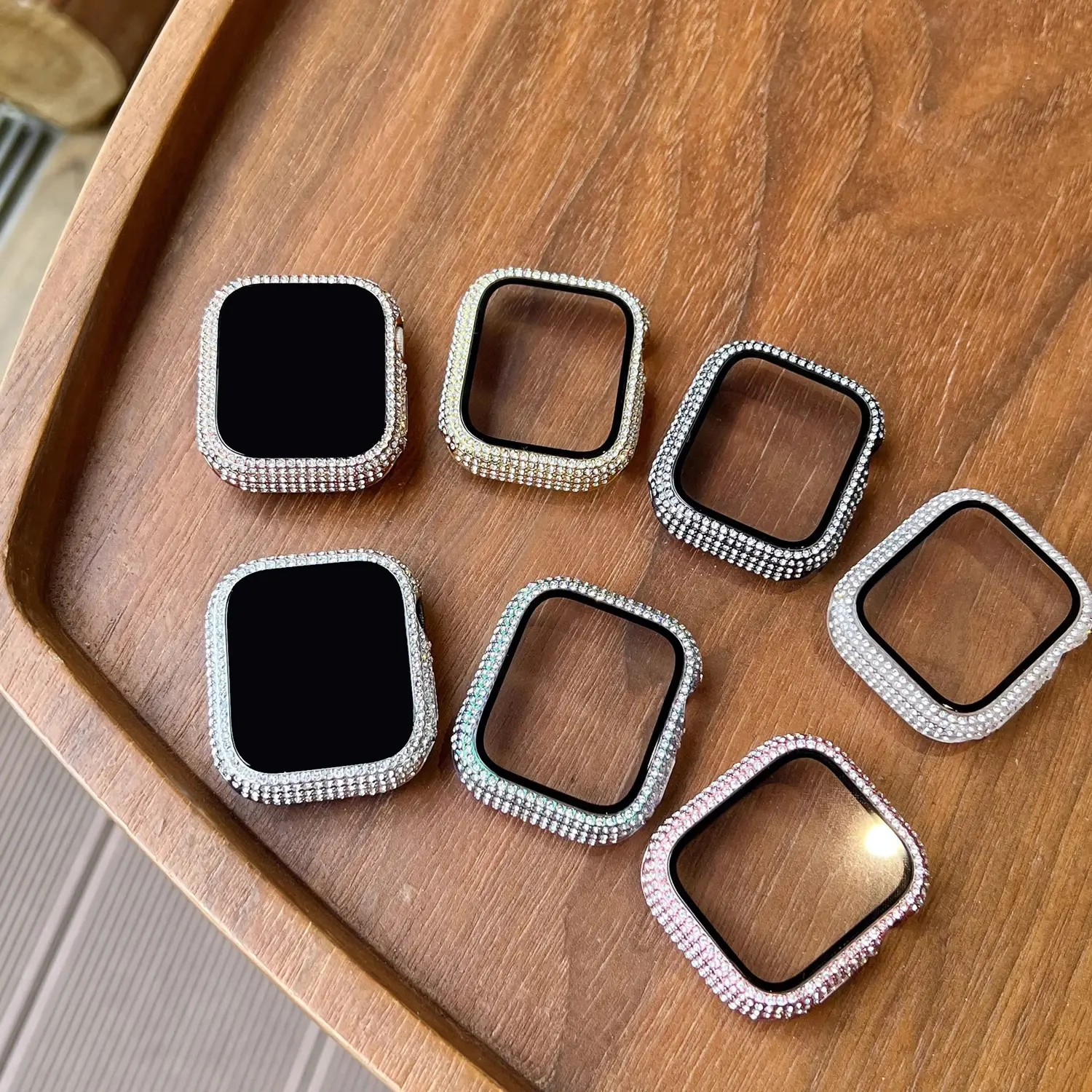 1pc Rhinestone Decor Tempered Glass Screen Protector Watch Case For Apple Watch 38/40/41/42/44/45Mm,Series SE/9/8/7/6/5/4/3/2/1