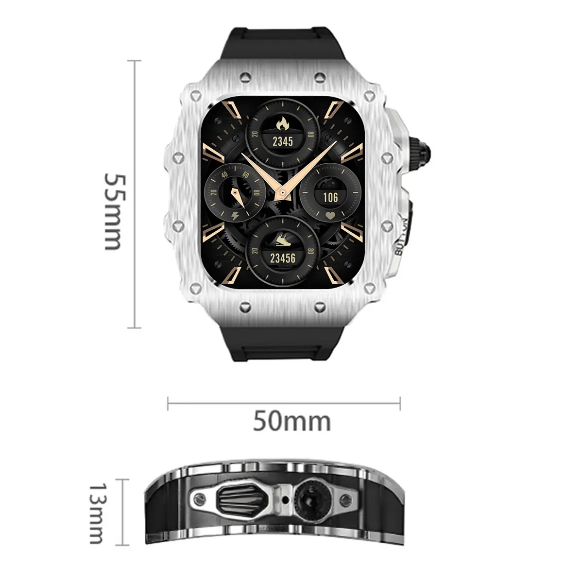 Luxury Modification Kit for Apple Watch 46mm Silicone Strap for IWatch Series 9 8 7 6 5 44mm 45mm Stainless Steel Mod Watch Case