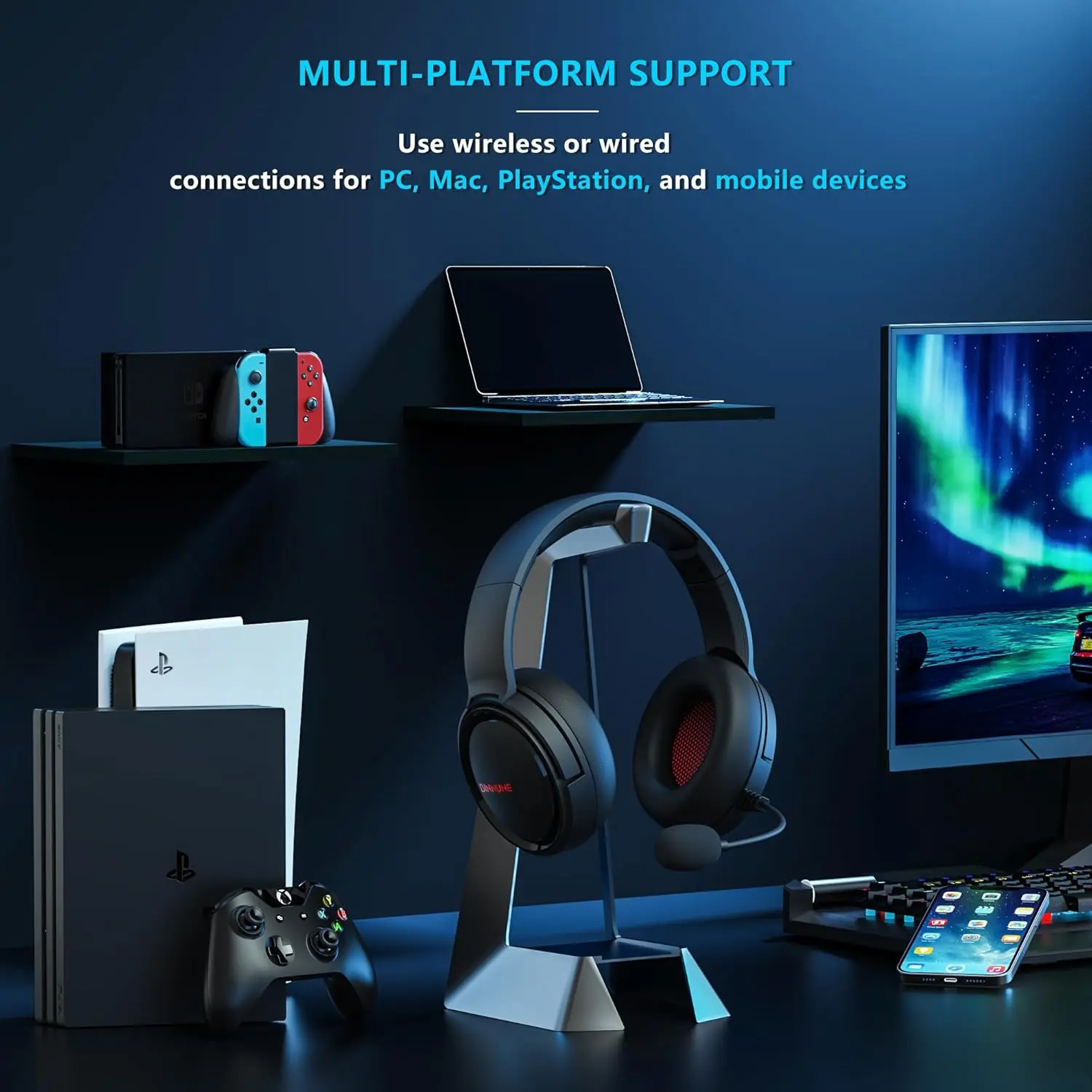 BINNUNE 2.4G Wireless Gaming Headset for PS5 PS4 PC NS Bluetooth USB Gamer Headphones with Noise Canceling Mic Work Earpones