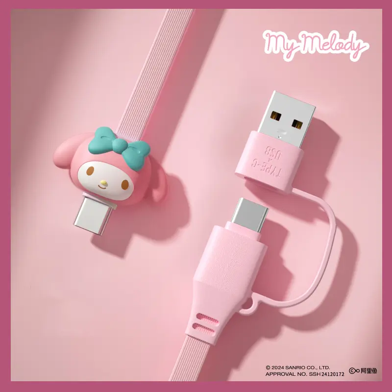 Sanrio 2 in 1 Fast Charging Cable Kitty Cinnamoroll Kuromi USB Type C Cable 1M Suitable for Huawei iPhone Xiaomi Sumsung