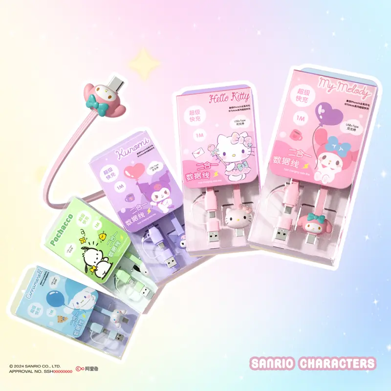 Sanrio 2 in 1 Fast Charging Cable Kitty Cinnamoroll Kuromi USB Type C Cable 1M Suitable for Huawei iPhone Xiaomi Sumsung