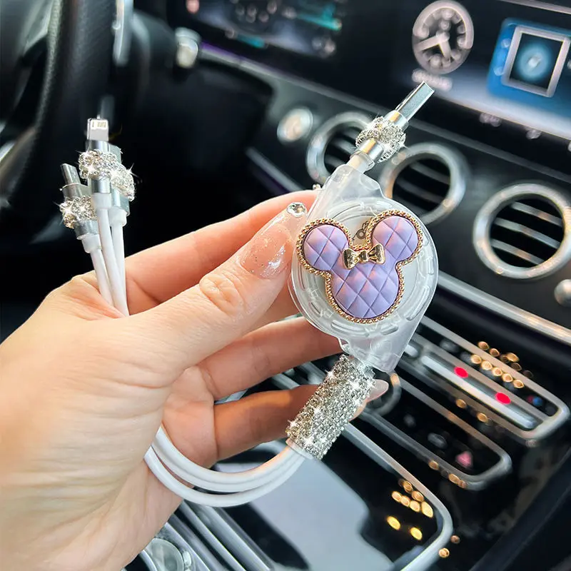 Bling Retractable Data USB 3 in 1 Cable for IPhone Charger Wire Charging Cable for Android Phone Type C Xiaomi Huawei Samsung