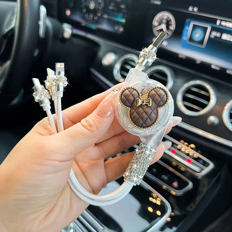 Bling Retractable Data USB 3 in 1 Cable for IPhone Charger Wire Charging Cable for Android Phone Type C Xiaomi Huawei Samsung