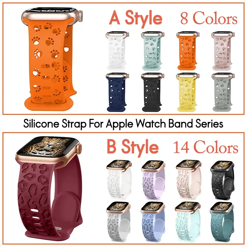 Engraved Dog Paw silicone strap for iWatch Series 9 8 7 6 5 4 3 SE Leopard Band for Apple Watch Band 40 42 44 45 49mm bracelet