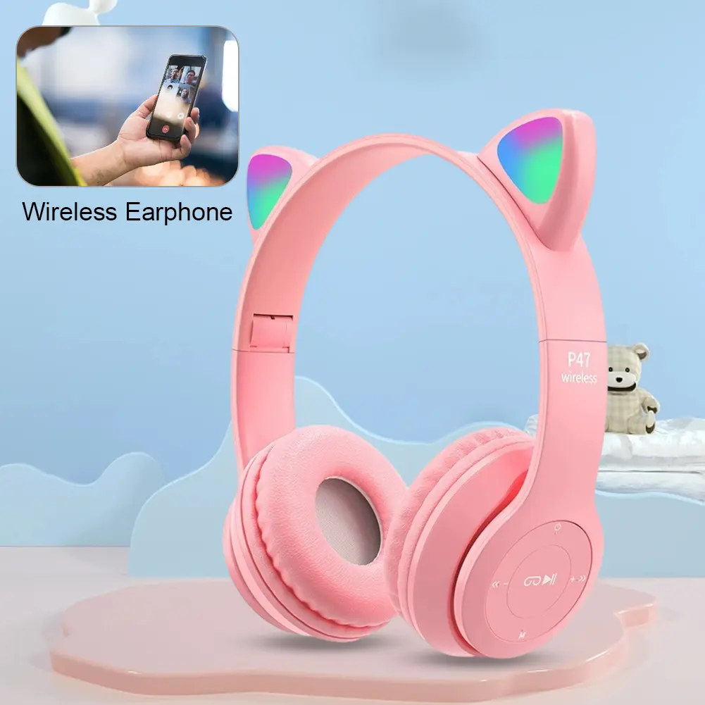Flash Light Kids Children Headphone Voice Control Bluetooth-Compatible Wireless Headset Cartoon Kids Girls Stereo Music Headset