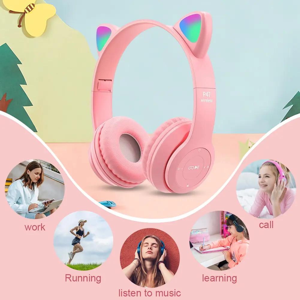 Flash Light Kids Children Headphone Voice Control Bluetooth-Compatible Wireless Headset Cartoon Kids Girls Stereo Music Headset
