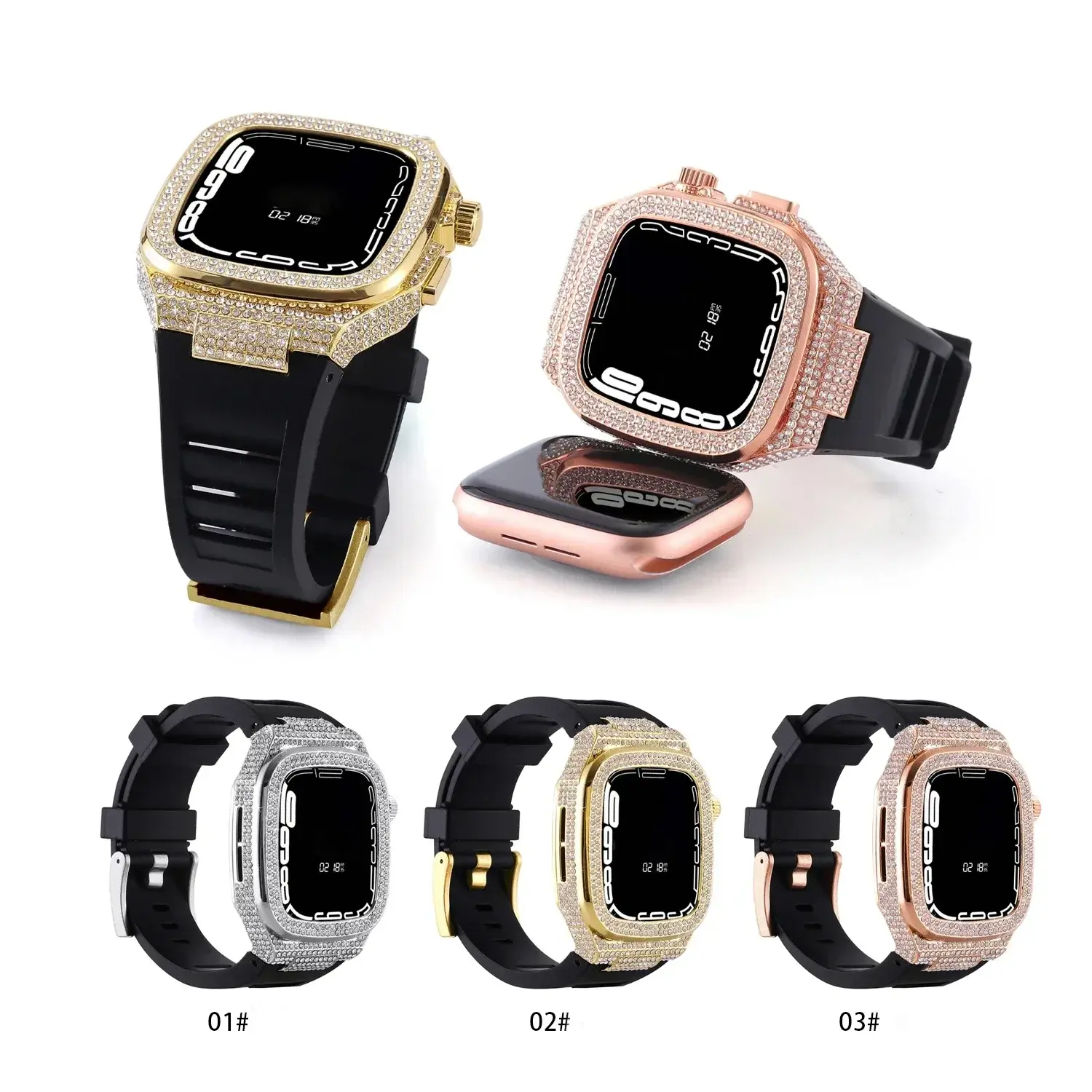 Diamond Case for Apple Watch Band 10 9 8 7 65 46mm SE 44 Stainless Steel Case Modification Kit Rubber Strap for IWatch 45mm 44mm