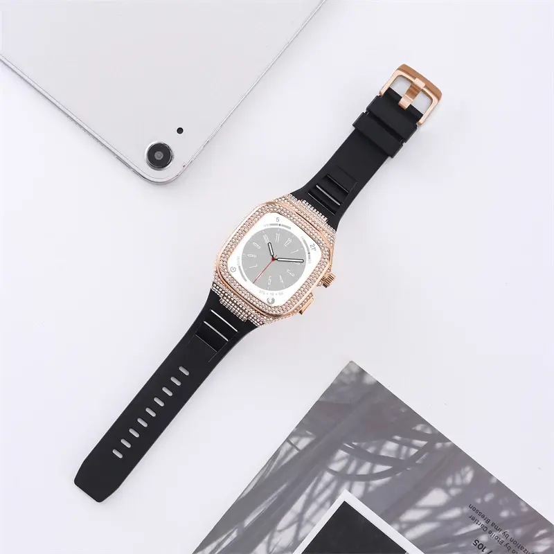 Diamond Case for Apple Watch Band 10 9 8 7 65 46mm SE 44 Stainless Steel Case Modification Kit Rubber Strap for IWatch 45mm 44mm