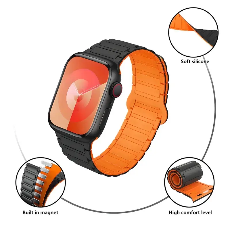Silicone Strap for Apple Watch 46mm 49mm 44mm 45mm 42 41 40mm Magnetic Band for IWatch Ultra 2 Series 10 9 8 7 6 SE 5 Bracelet