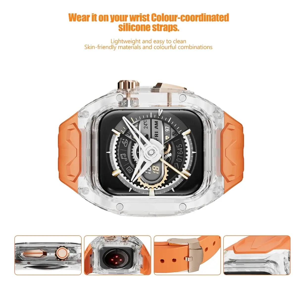 Suitable for Apple Watch series 9 8 7 6 5 4 40mmor41mm 44or45mm 49mm luxury modified strap transparent case+integrated TPU strap