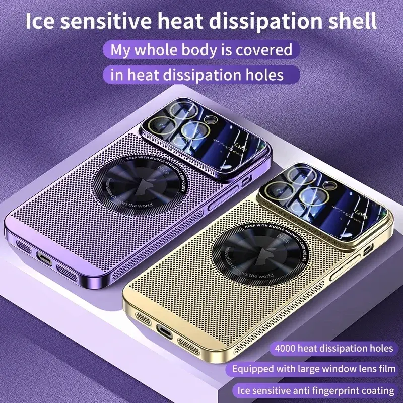 Heat Dissipation Magnetic Case For iPhone 13 11 12 14 15 Pro Max Electroplated Mesh Magsafe Glass Lens Enlarge logo Phone Cover