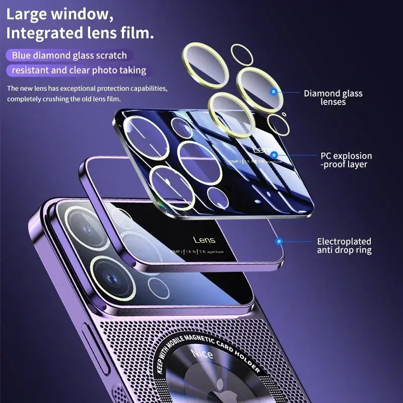 Heat Dissipation Magnetic Case For iPhone 13 11 12 14 15 Pro Max Electroplated Mesh Magsafe Glass Lens Enlarge logo Phone Cover
