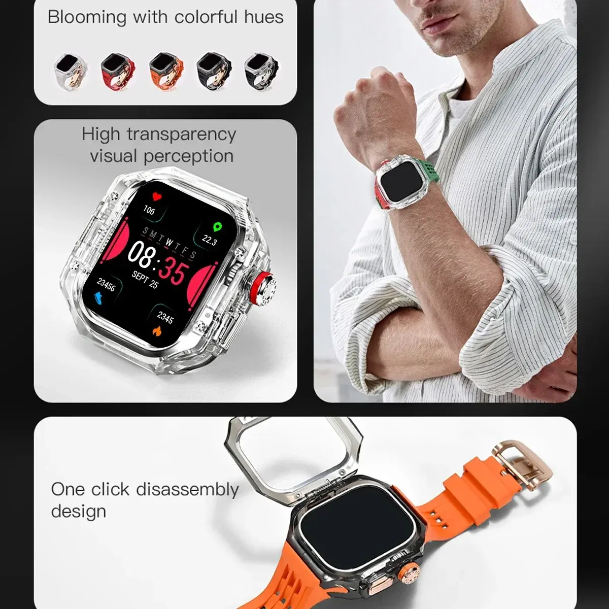 Luxury Modification Kit for Apple Watch Ultra 2 49mm Transparent Case Rubber Strap for IWatch Series Ultra Men Watch Accessories