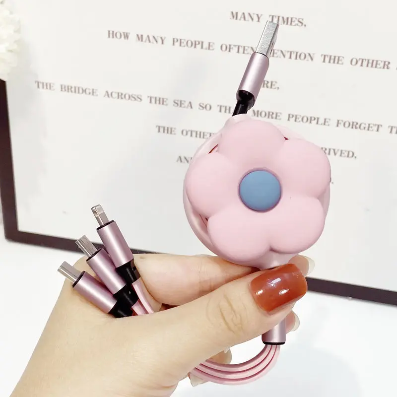 MINISO Cute flowers Retractable Fast Charging Cable Phone Interface For iphone  Android TYPE-C 3-in-1 mobile phone data cable
