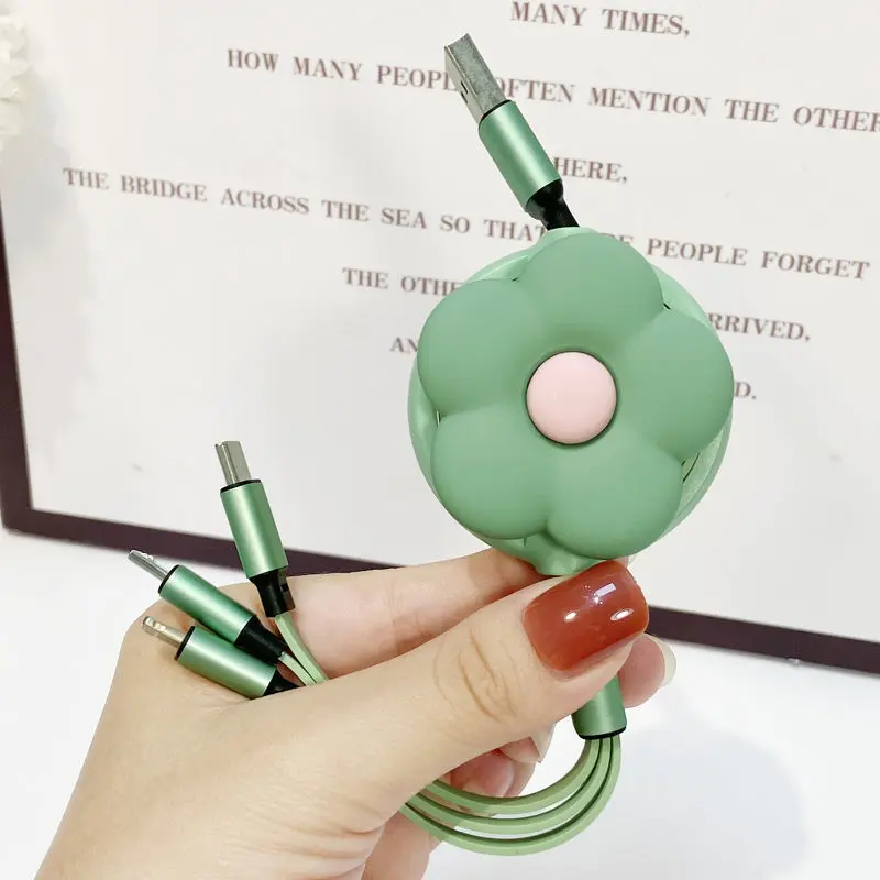 MINISO Cute flowers Retractable Fast Charging Cable Phone Interface For iphone  Android TYPE-C 3-in-1 mobile phone data cable