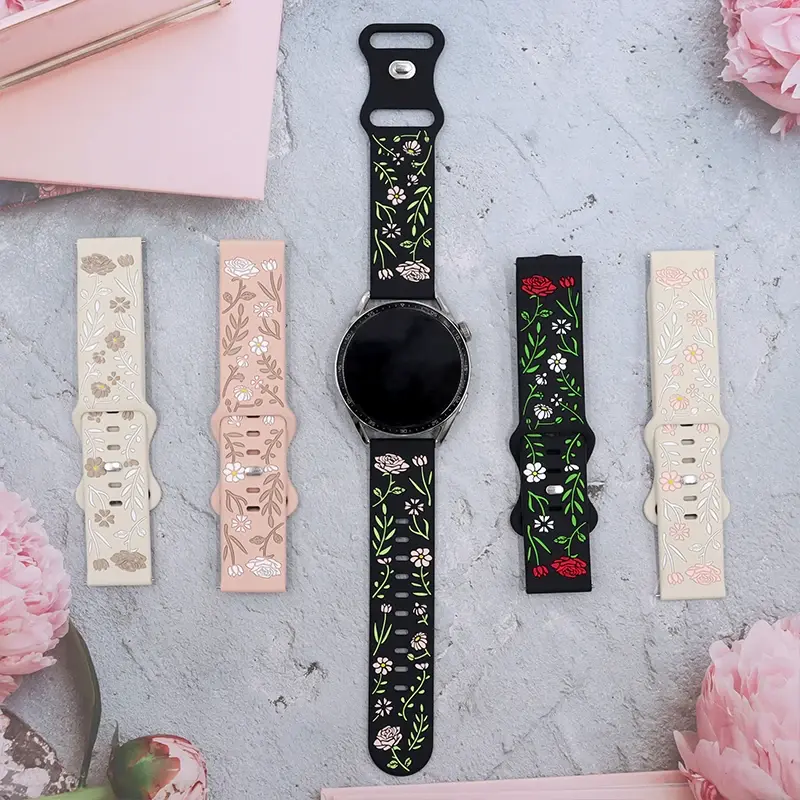 18mm 20mm 22mm Rose engrave Band for Samsung Galaxy Watch 7 6 5 4 40mm 44mm Gear S3 Silicone Cute Strap Classic 43 45mm Active 2