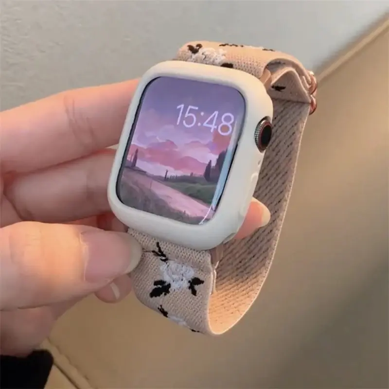 Retro Flower Strap+Case For Apple Watch Band 49mm 40 44 45 41 38 42mm Elastic Nylon Band For iWatch Serie 3 4 5 6 SE 7 8 9 Ultra