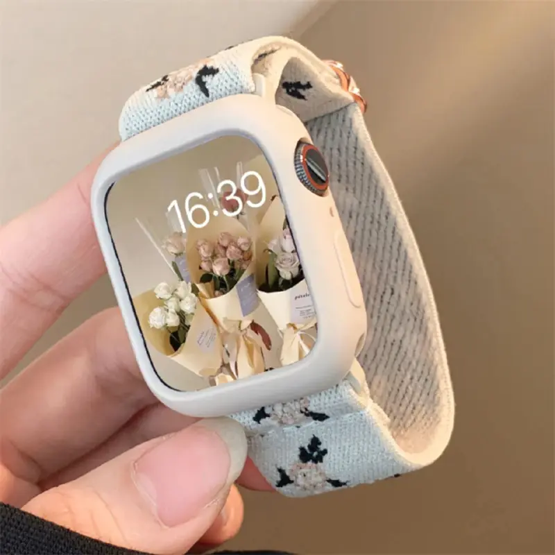 Retro Flower Strap+Case For Apple Watch Band 49mm 40 44 45 41 38 42mm Elastic Nylon Band For iWatch Serie 3 4 5 6 SE 7 8 9 Ultra