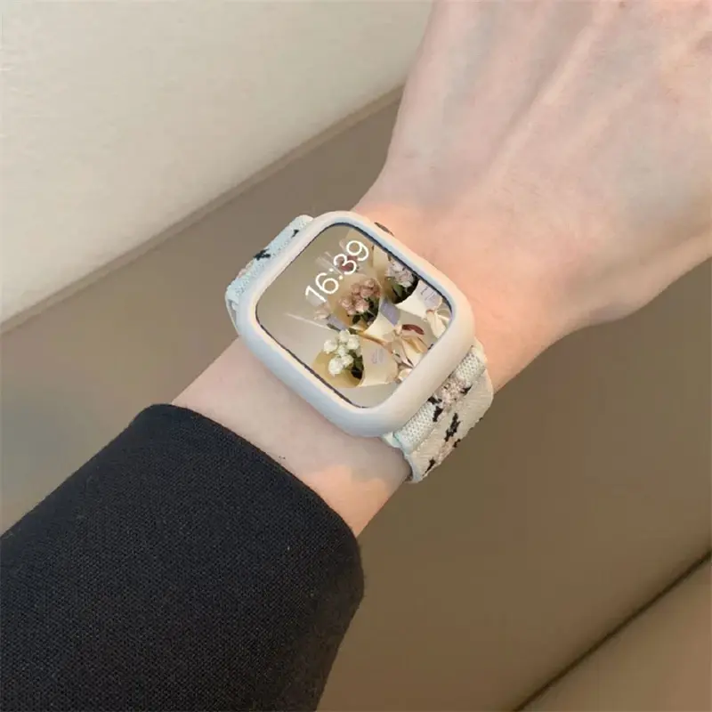 Retro Flower Strap+Case For Apple Watch Band 49mm 40 44 45 41 38 42mm Elastic Nylon Band For iWatch Serie 3 4 5 6 SE 7 8 9 Ultra