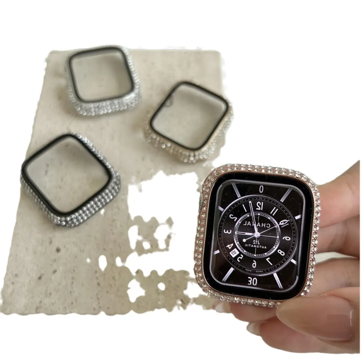 1pc Rhinestone Decor Tempered Glass Screen Protector Watch Case For Apple Watch 38/42/44/45/46mm,Series SE/10/9/8/7/6/5/4/3/2/1