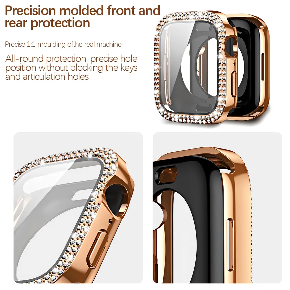 Bling Glass+Cover for Apple Watch Case 49mm 45mm 41mm 40mm 44mm Diamond Bumper+Screen Protector Iwatch Series Ultra 8 7 6 5 SE 4