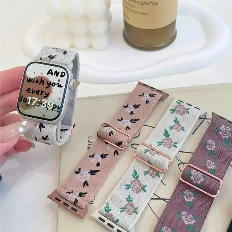 Korea Rose Flower Nylon Band For Apple Watch Series 8 7 6 5 4 3 2 SE Retro Girl Elastic Strap For iWatch 41mm 40mm 38mm 45 42 44